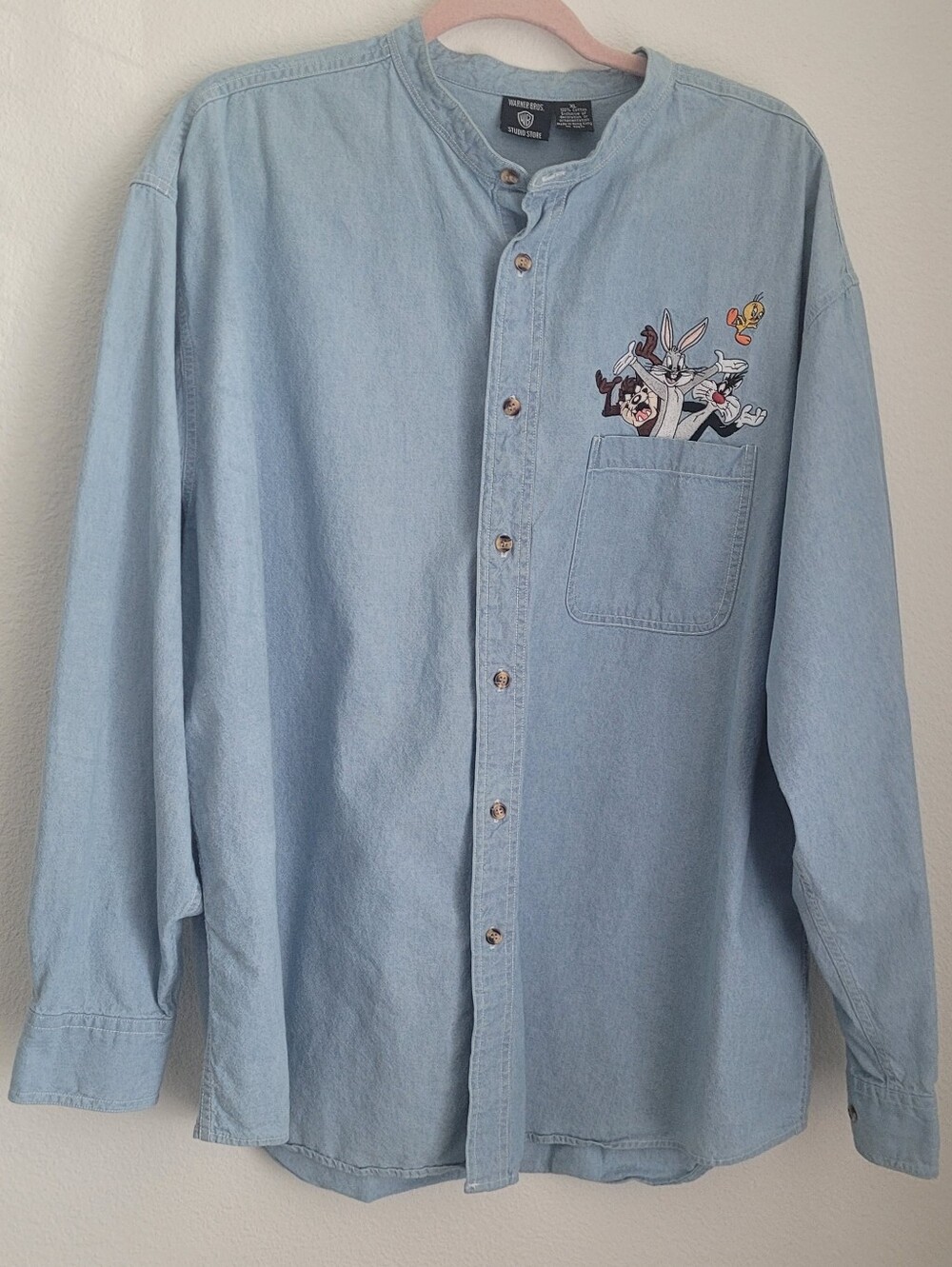 VTG Warner Bros Studio Store Looney Tunes Denim Shirt Collarless Sz XL 90s Retro